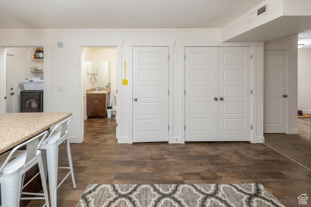 Interior space featuring sink and dark hardwood / wood-style flooring