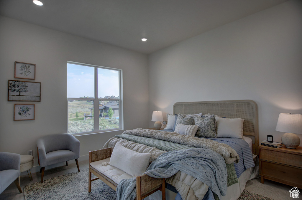 Bedroom with light colored carpet