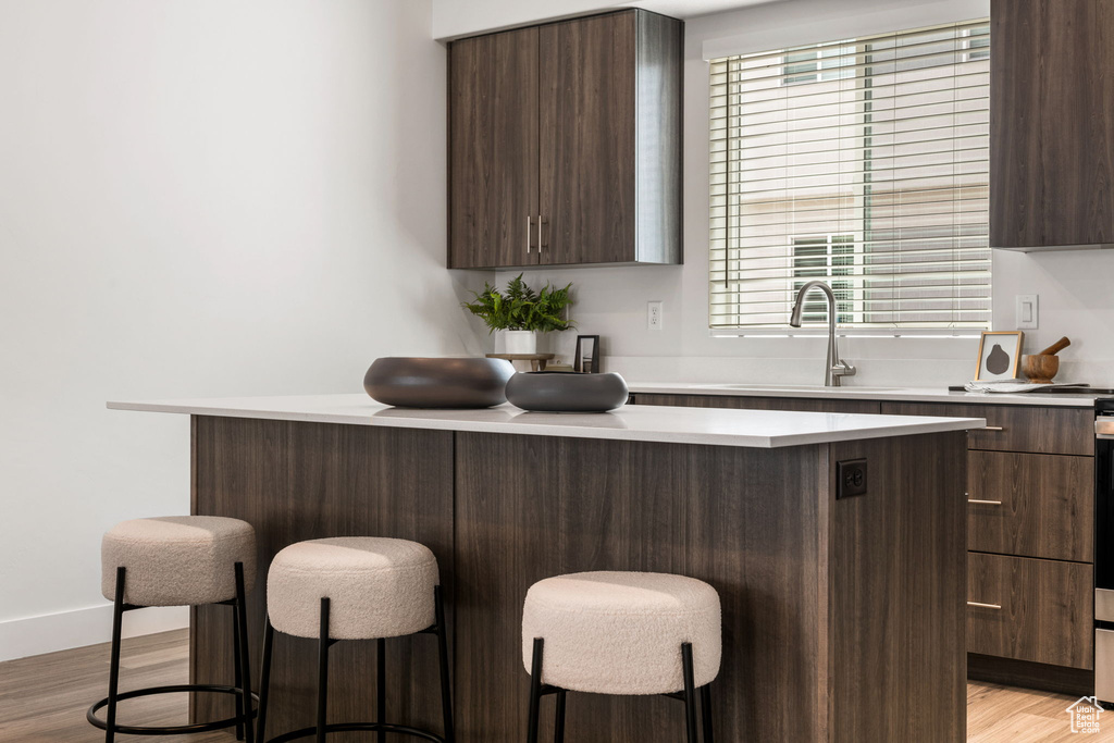 Kitchen with dark brown cabinets, a kitchen breakfast bar, sink, and light hardwood / wood-style floors