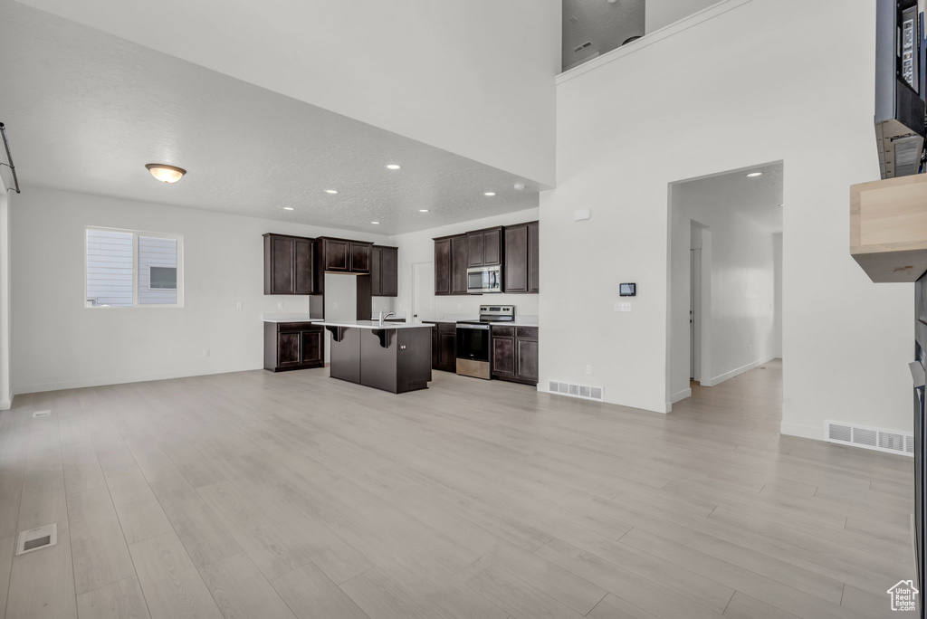 Living room with light wood-type flooring, sink, and a high ceiling