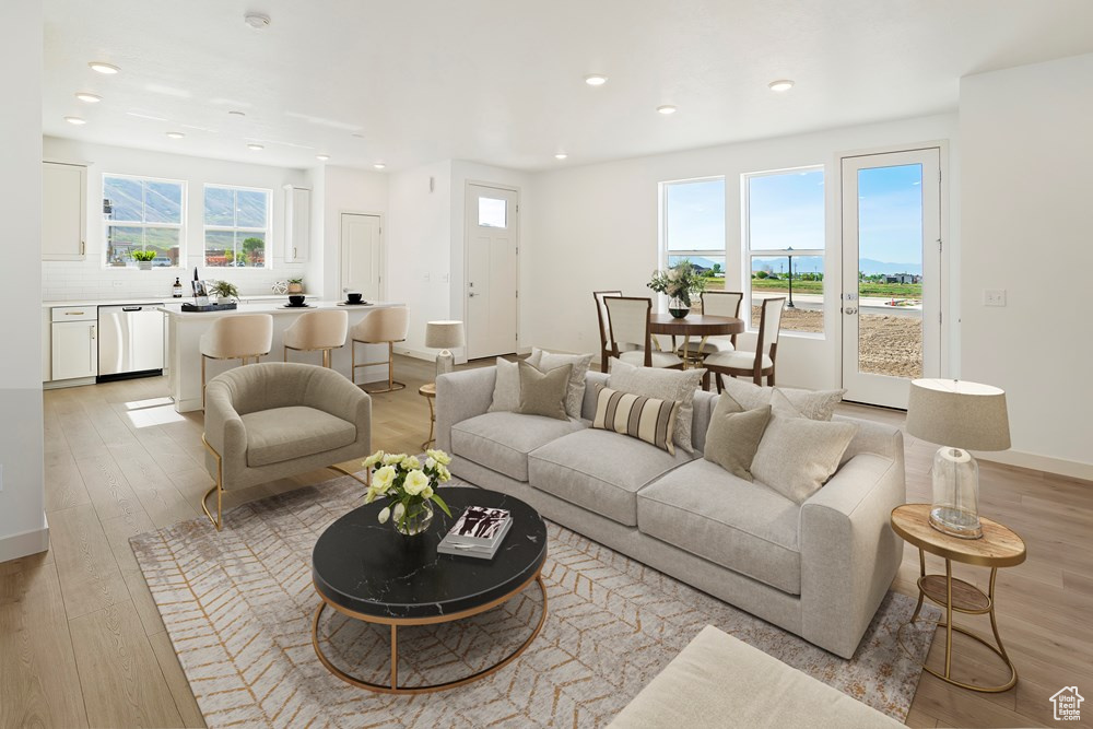 Living room with a wealth of natural light and light hardwood / wood-style floors