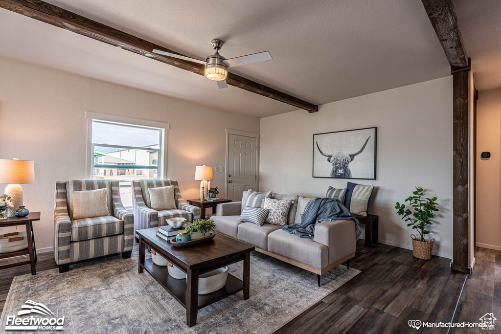 Living room with ceiling fan, beam ceiling, and hardwood / wood-style floors