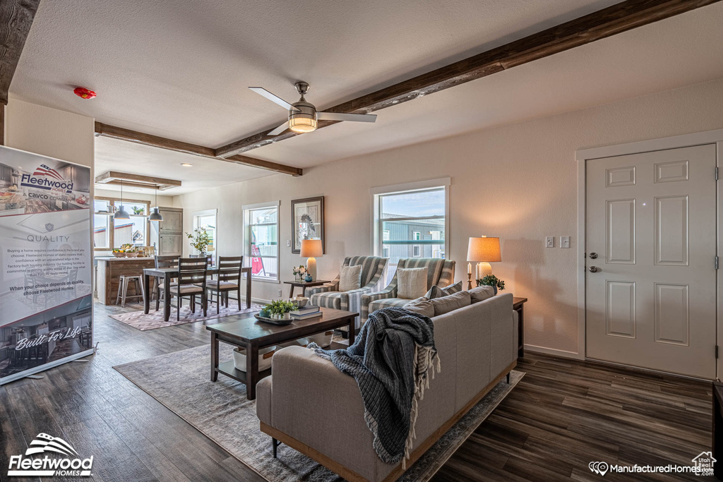 Living room with ceiling fan, dark wood-type flooring, a wealth of natural light, and beam ceiling