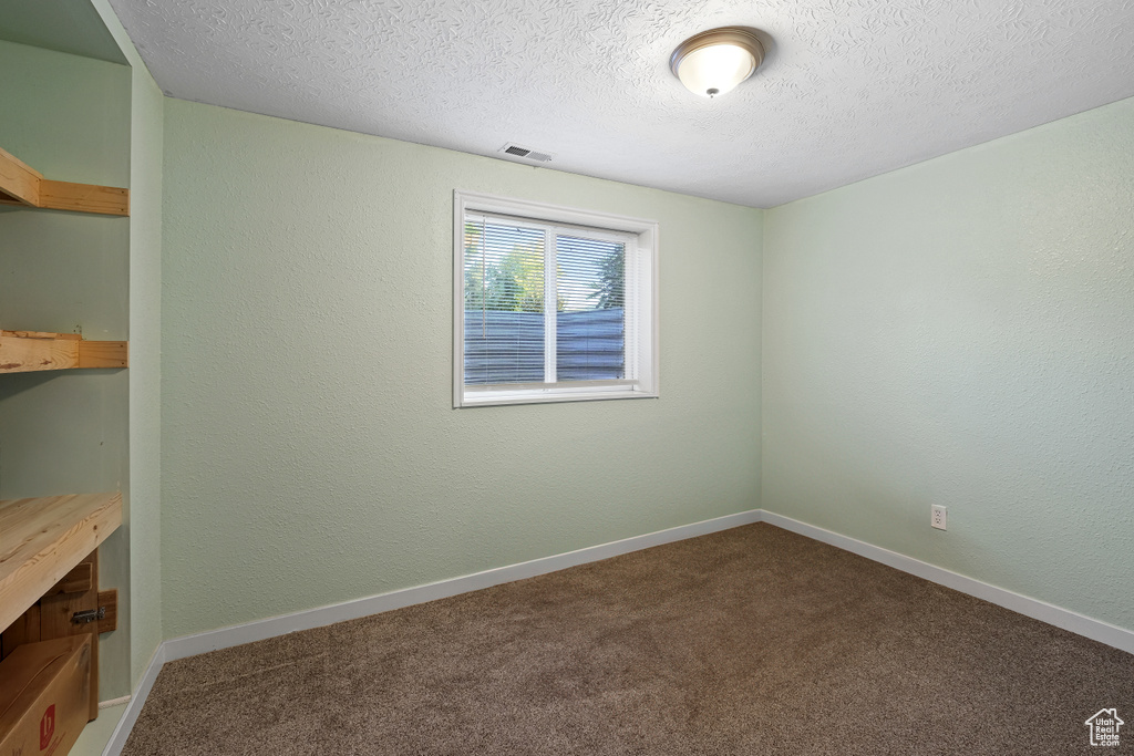 Empty room featuring carpet flooring and a textured ceiling