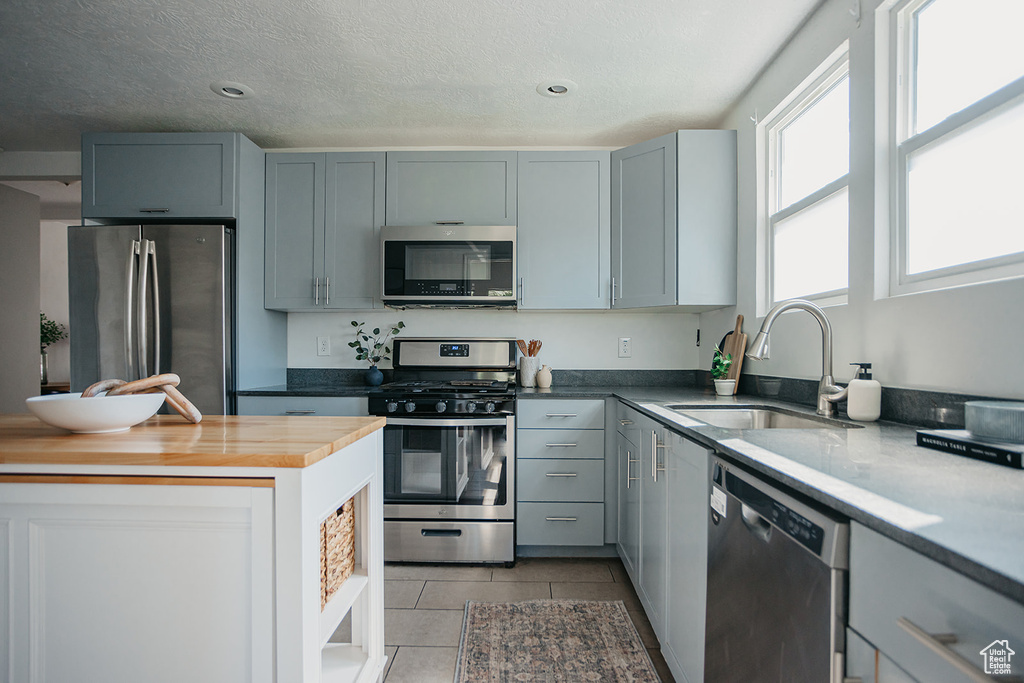 Kitchen featuring gray cabinets, stainless steel appliances, sink, and butcher block counters