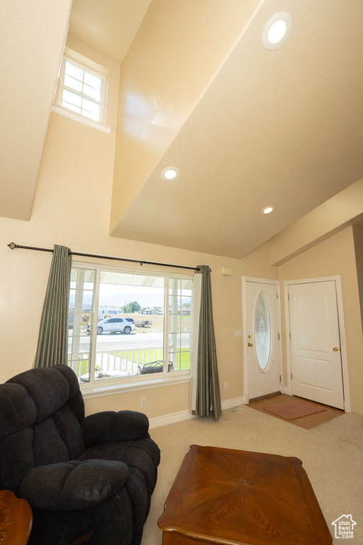 Carpeted living room featuring plenty of natural light and a high ceiling