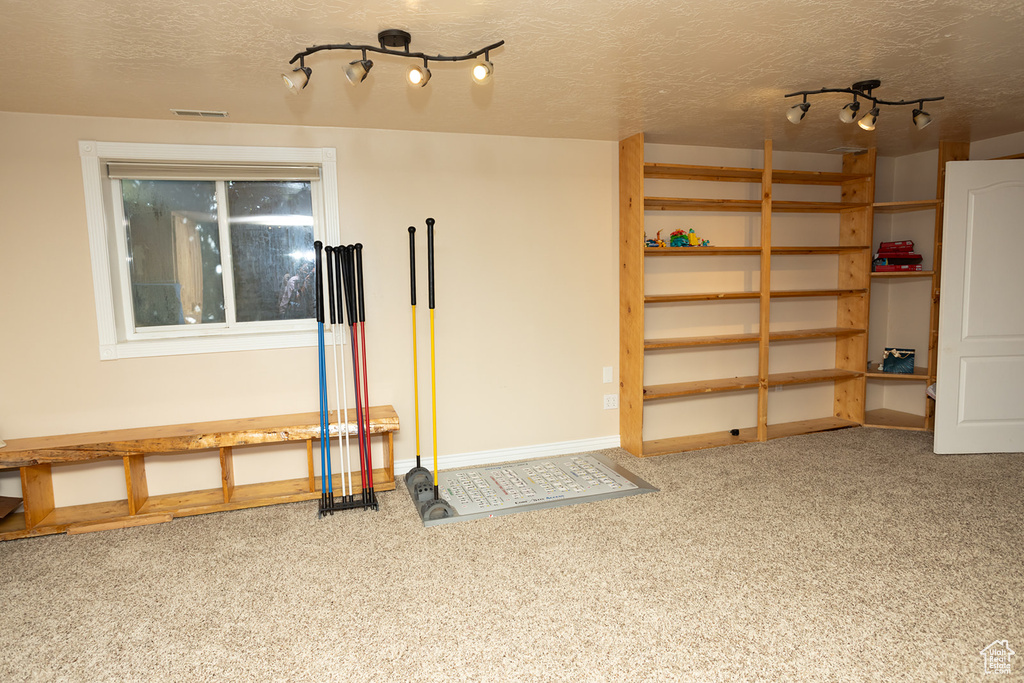 Interior space featuring a textured ceiling, carpet flooring, and track lighting