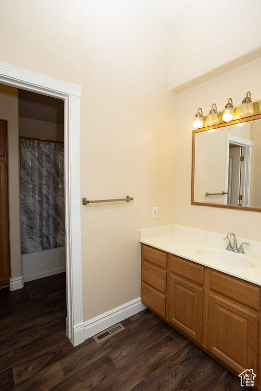 Bathroom with hardwood / wood-style flooring and vanity