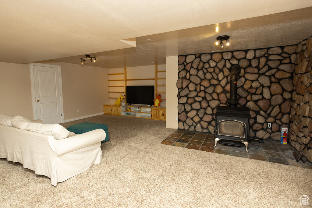 Carpeted living room with a wood stove