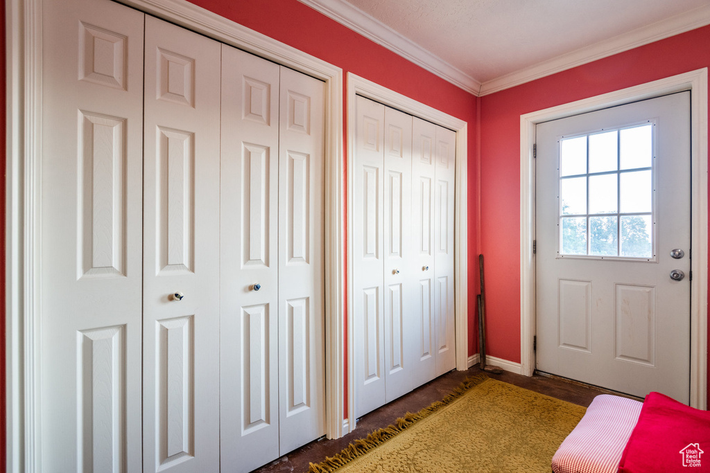 Entryway featuring crown molding and dark hardwood / wood-style floors