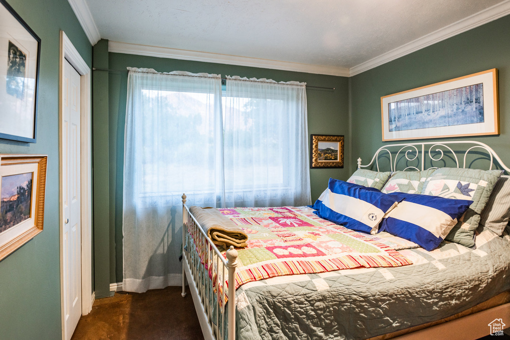 Bedroom featuring a closet and ornamental molding