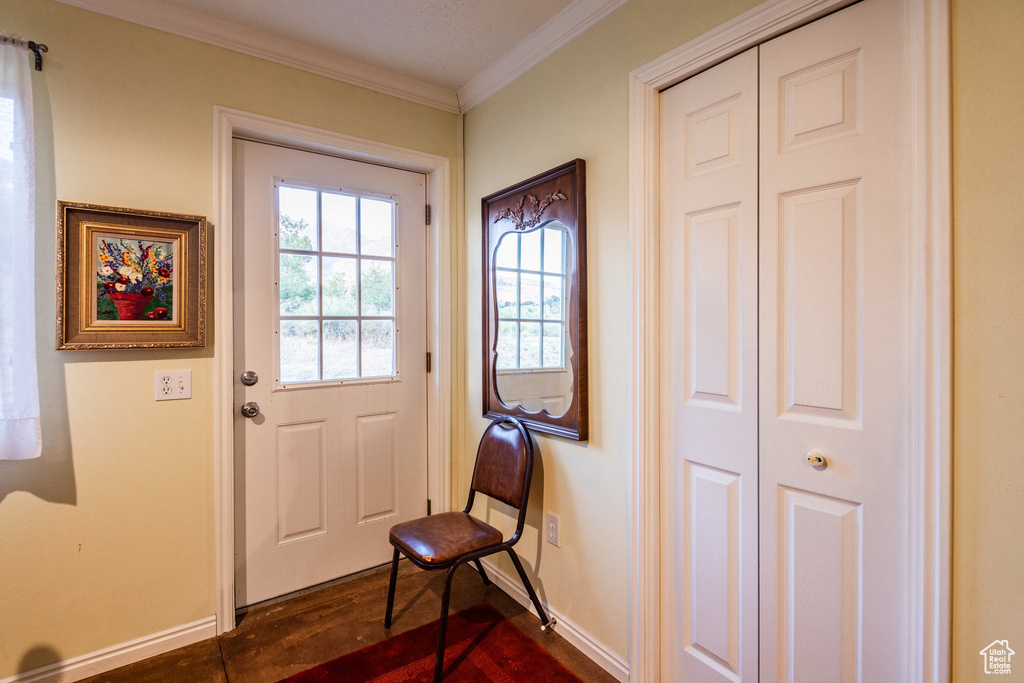 Doorway with crown molding and dark wood-type flooring