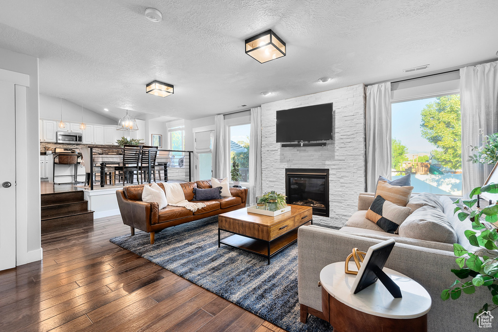 Living room featuring a fireplace, plenty of natural light, vaulted ceiling, and dark hardwood / wood-style flooring