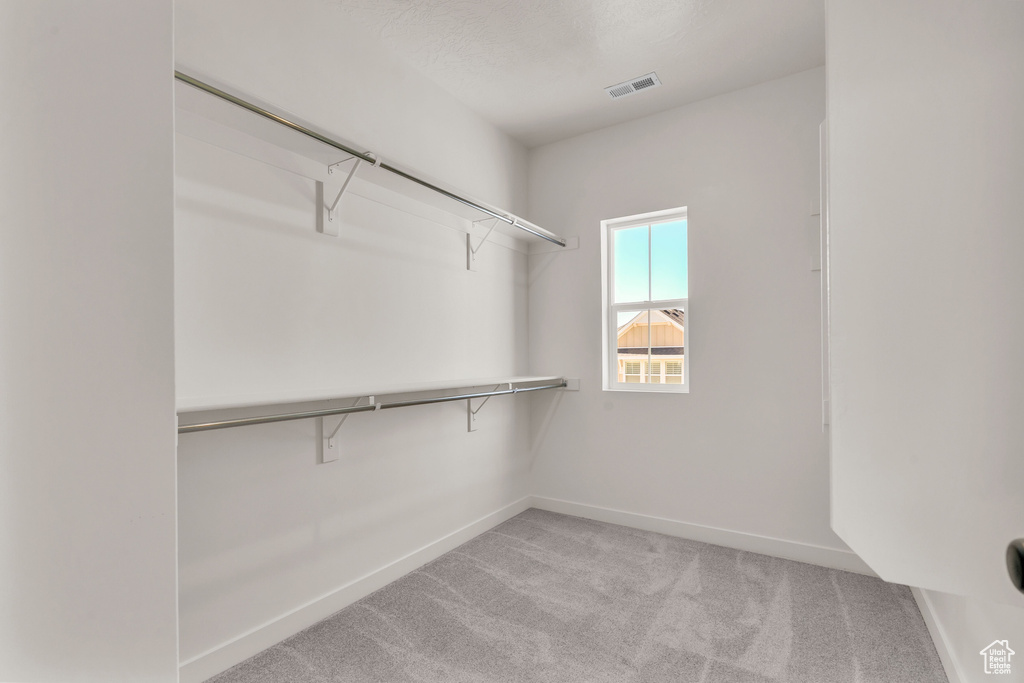 Walk in closet featuring light carpet