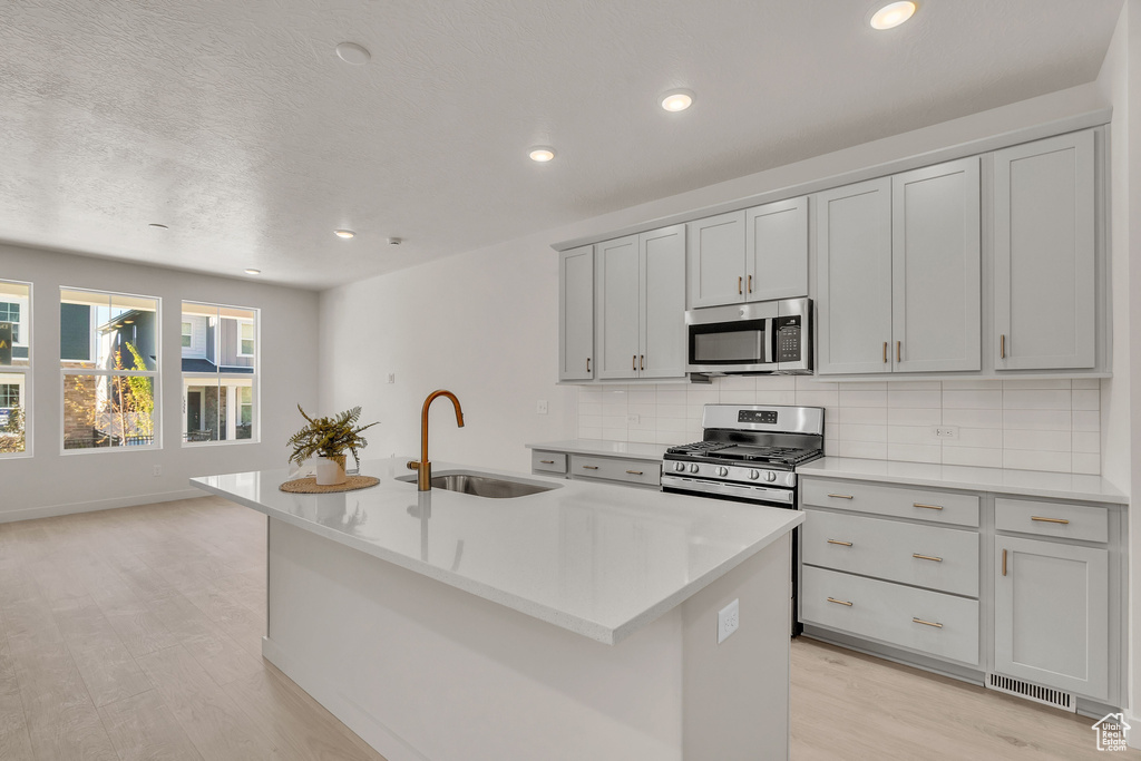 Kitchen with light hardwood / wood-style flooring, stainless steel appliances, a center island with sink, and sink