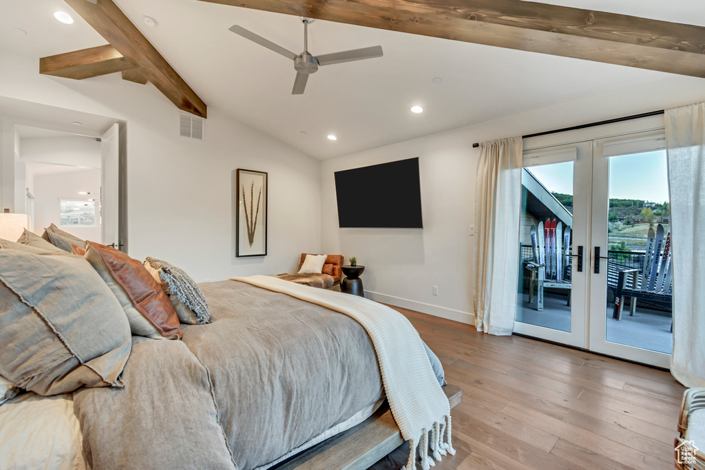 Bedroom with light hardwood / wood-style flooring, french doors, vaulted ceiling with beams, access to outside, and ceiling fan