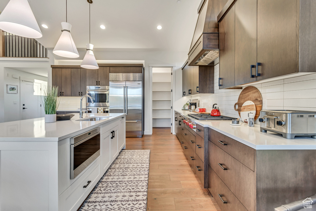 Kitchen featuring custom range hood, light hardwood / wood-style flooring, appliances with stainless steel finishes, tasteful backsplash, and sink