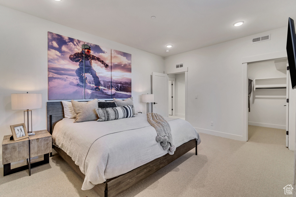 Carpeted bedroom featuring a spacious closet