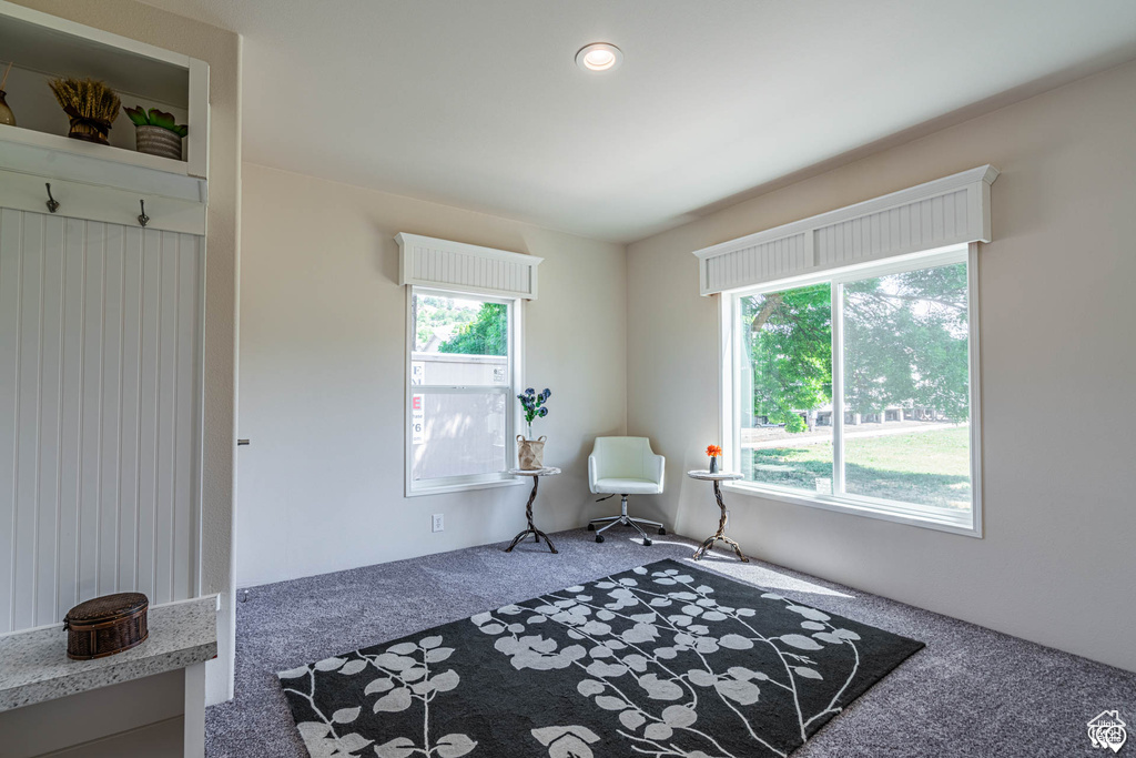 Interior space with carpet floors and multiple windows