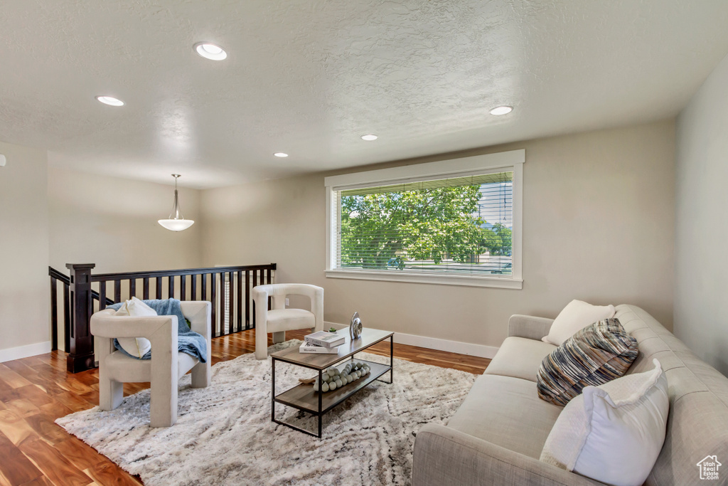 Living room featuring hardwood / wood-style floors and a textured ceiling