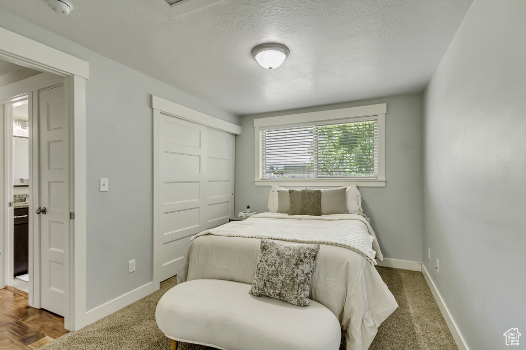 Carpeted bedroom featuring a closet