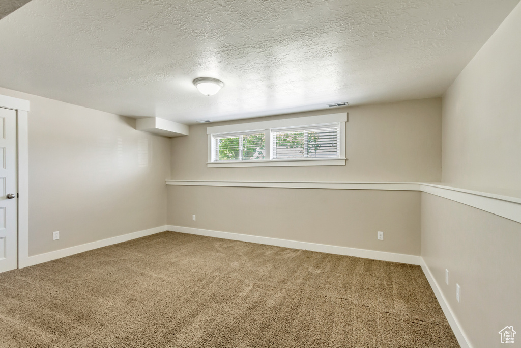 Unfurnished room featuring carpet and a textured ceiling