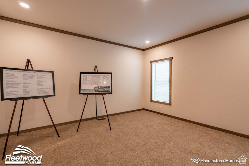 Carpeted spare room featuring ornamental molding