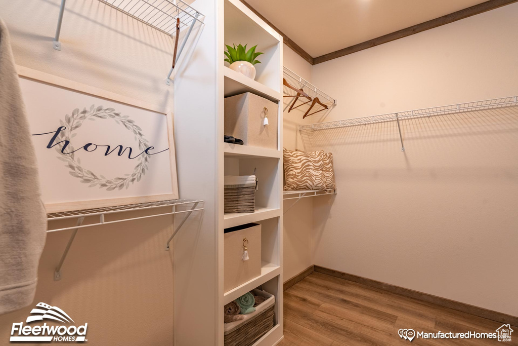 Walk in closet with wood-type flooring