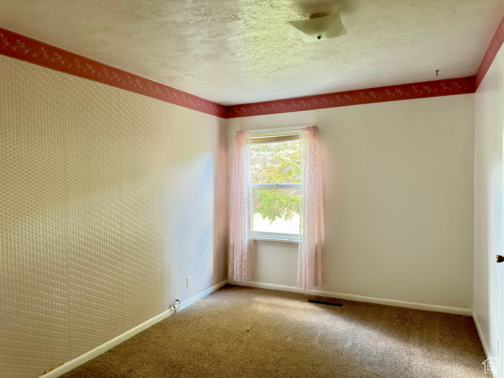 Carpeted empty room with a textured ceiling