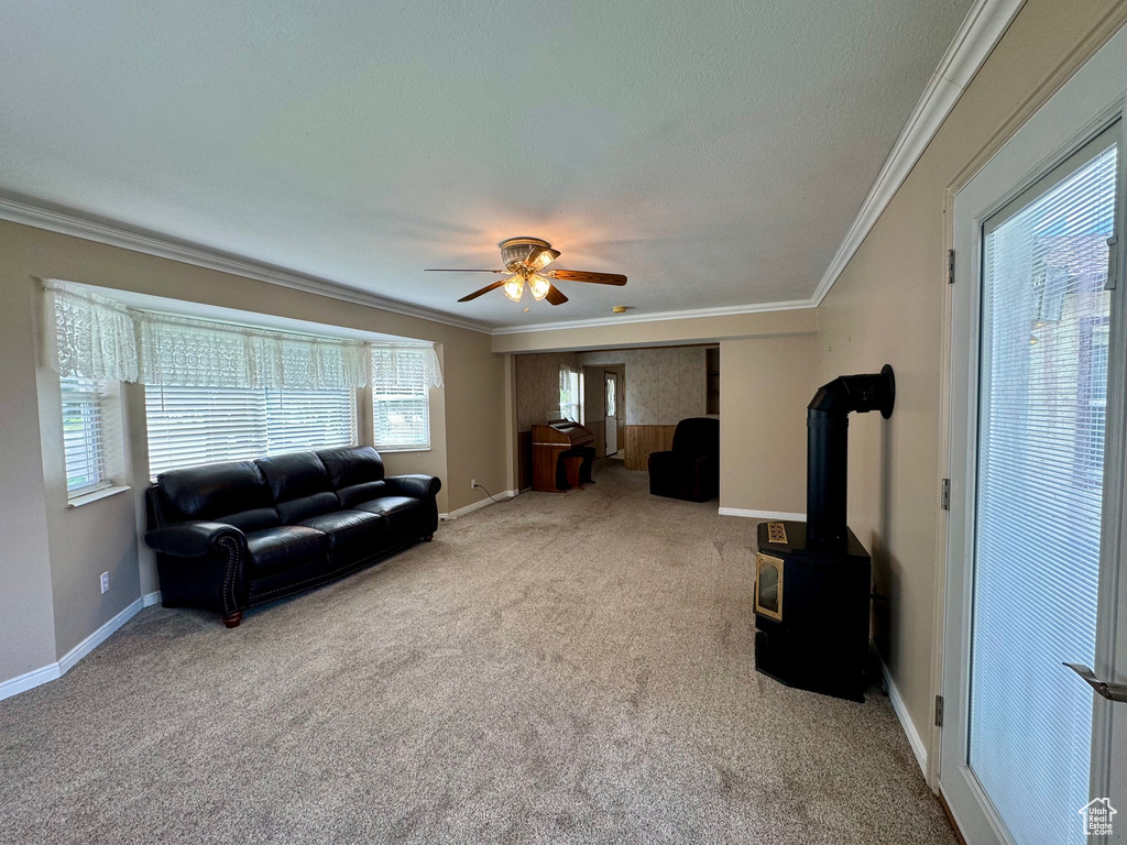 Living room featuring ceiling fan, carpet floors, a wood stove, and ornamental molding