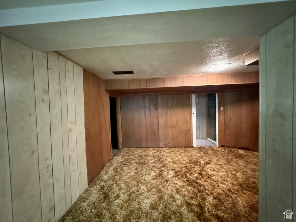 Interior space featuring a textured ceiling, wooden walls, and carpet