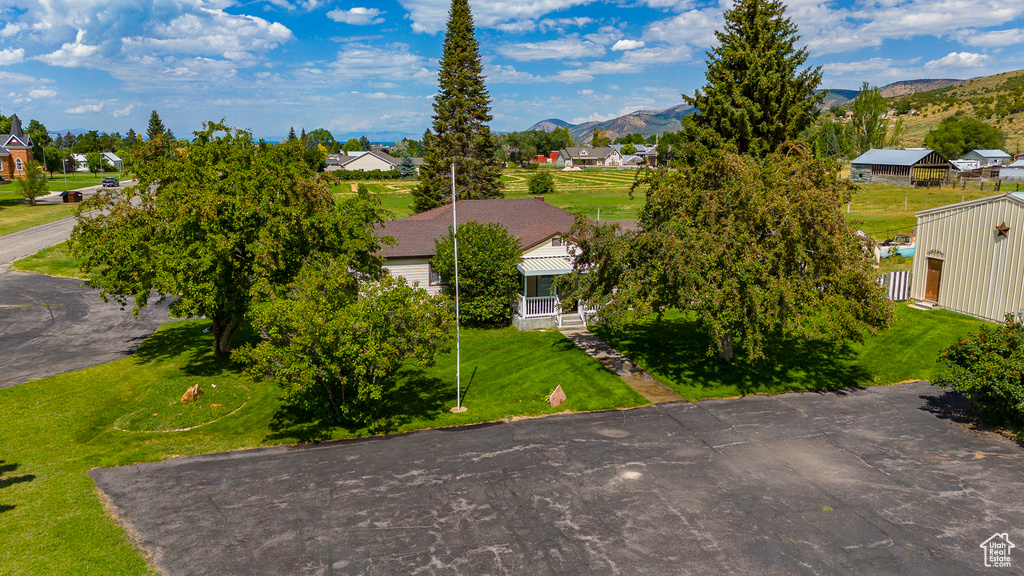 Aerial view featuring a mountain view