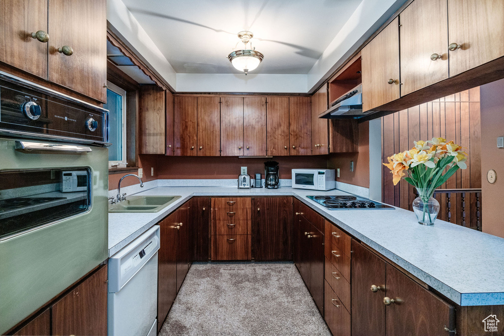 Kitchen with white appliances, sink, ventilation hood, and light carpet