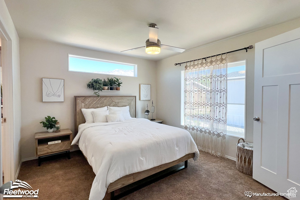 Carpeted bedroom with ceiling fan