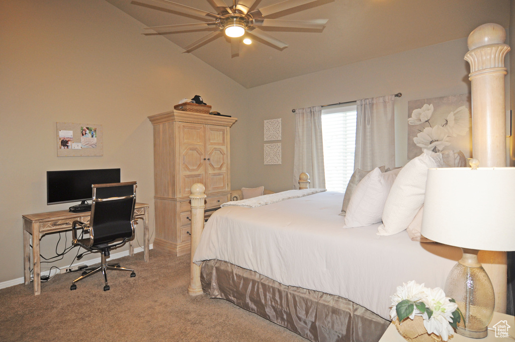 Bedroom featuring ceiling fan, carpet flooring, and lofted ceiling