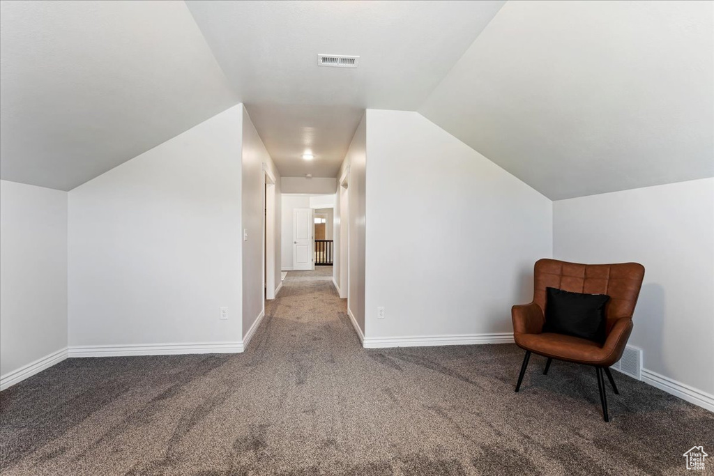 Additional living space featuring lofted ceiling and light carpet