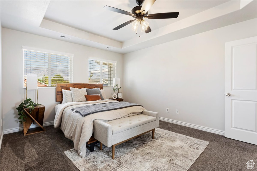 Bedroom featuring ceiling fan, carpet, and a tray ceiling