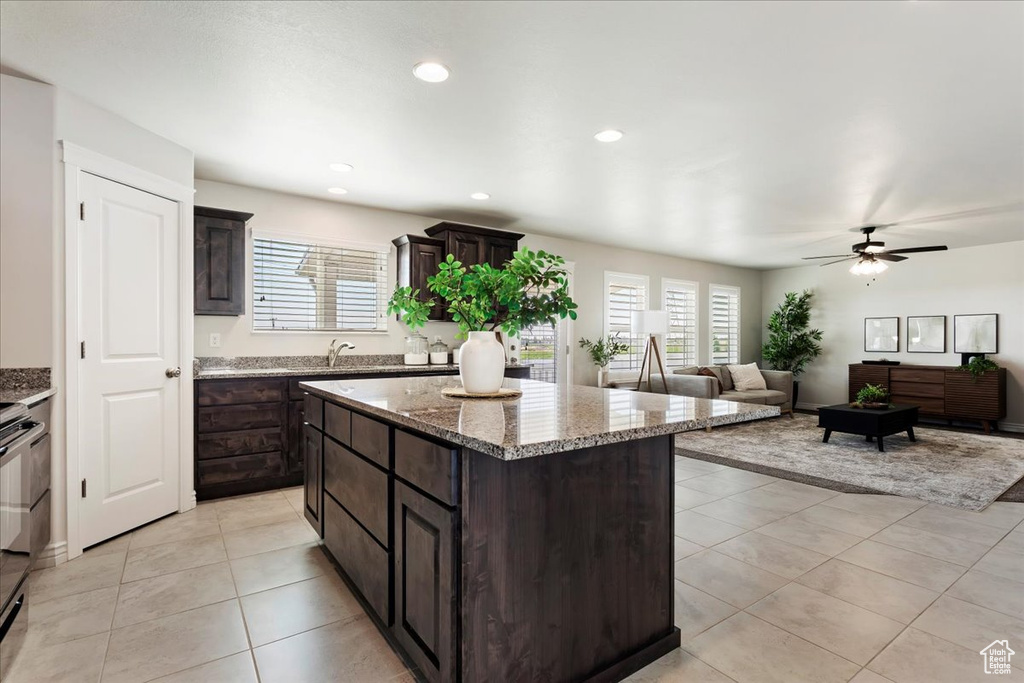 Kitchen with ceiling fan, dark brown cabinets, a kitchen island, and a healthy amount of sunlight