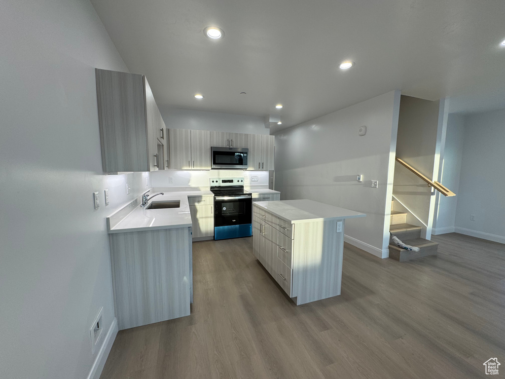 Kitchen with modern cabinets, stainless steel appliances, and wood finished floors