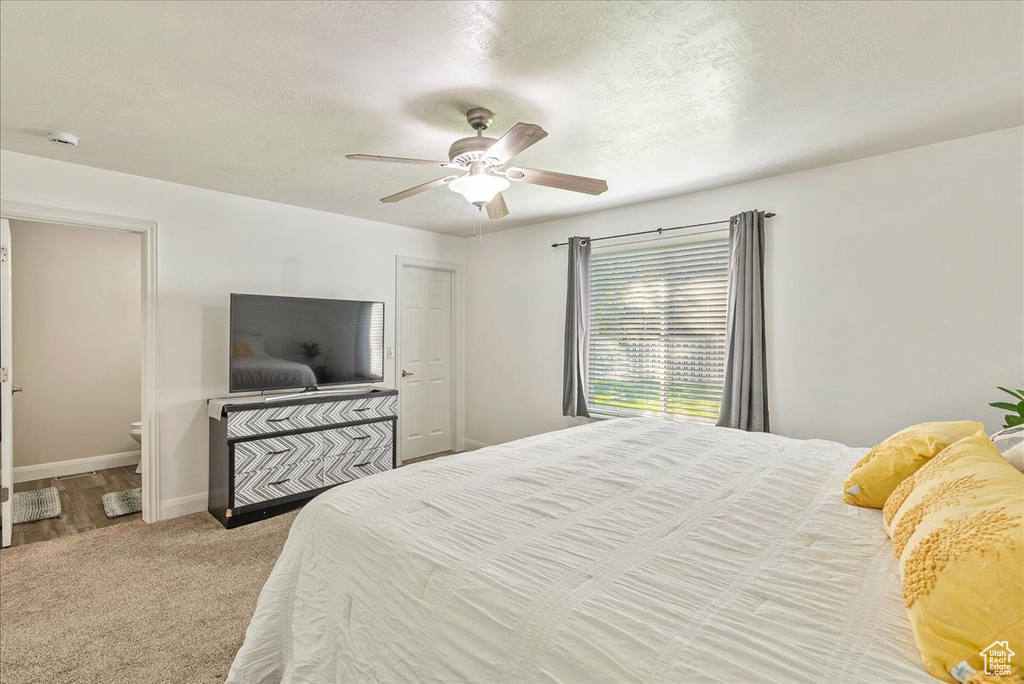 Carpeted bedroom with ceiling fan and connected bathroom