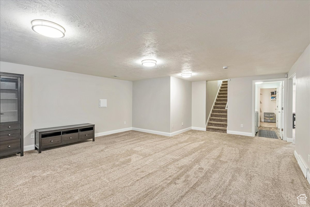 Basement featuring light colored carpet and a textured ceiling