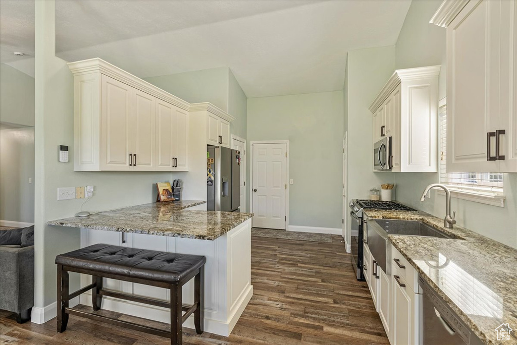 Kitchen featuring dark hardwood / wood-style flooring, appliances with stainless steel finishes, stone countertops, kitchen peninsula, and white cabinets