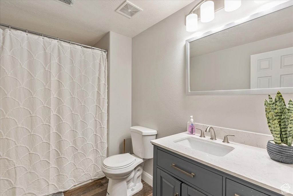 Bathroom with toilet, hardwood / wood-style floors, and vanity