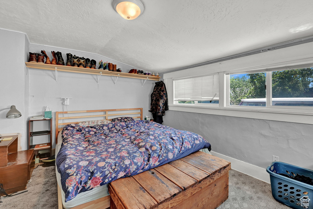 Carpeted bedroom featuring vaulted ceiling and a textured ceiling