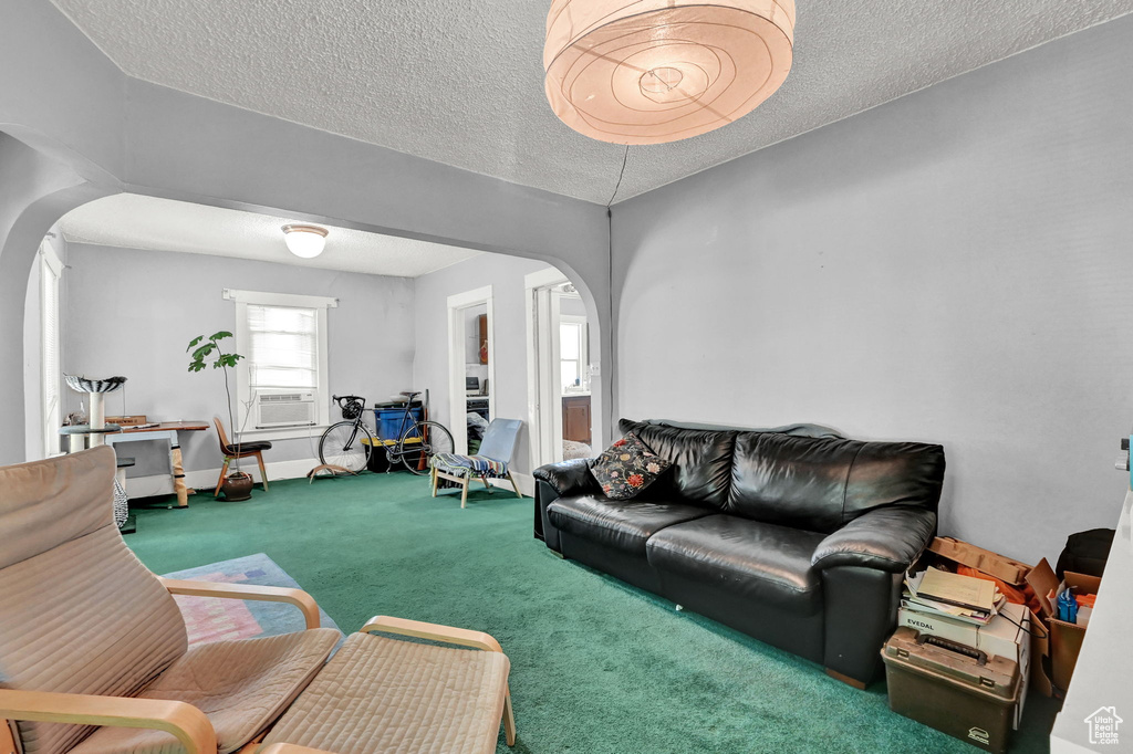 Living room featuring carpet flooring, a textured ceiling, and cooling unit