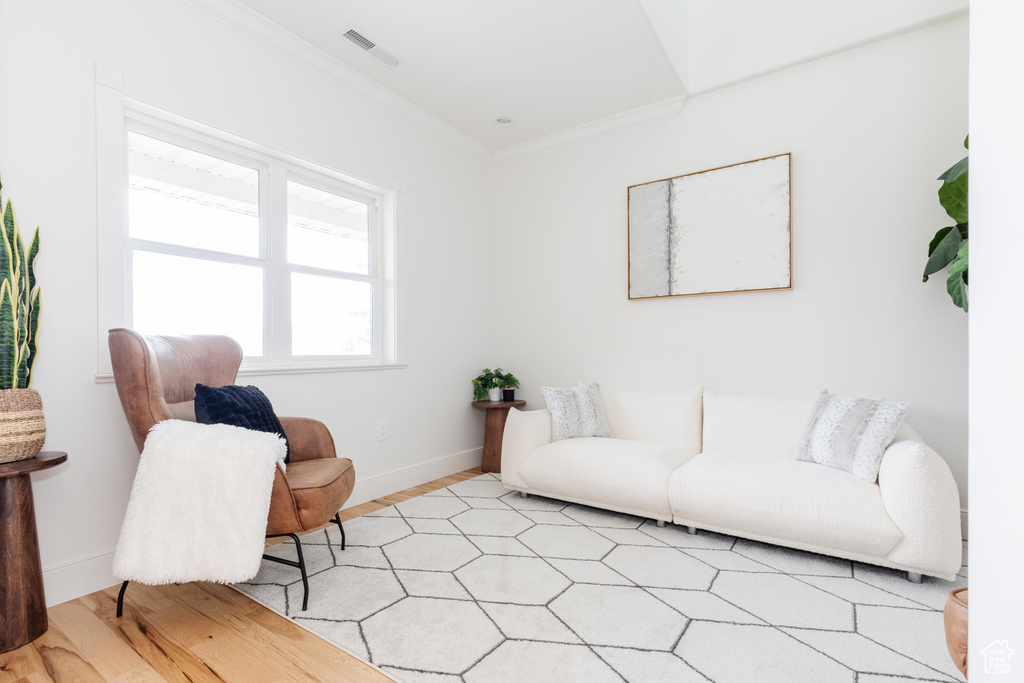 Living room featuring light hardwood / wood-style floors and ornamental molding