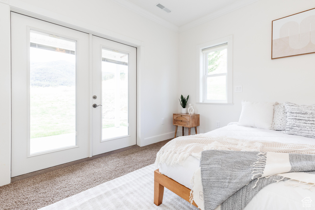 Bedroom with access to outside, crown molding, french doors, and light carpet