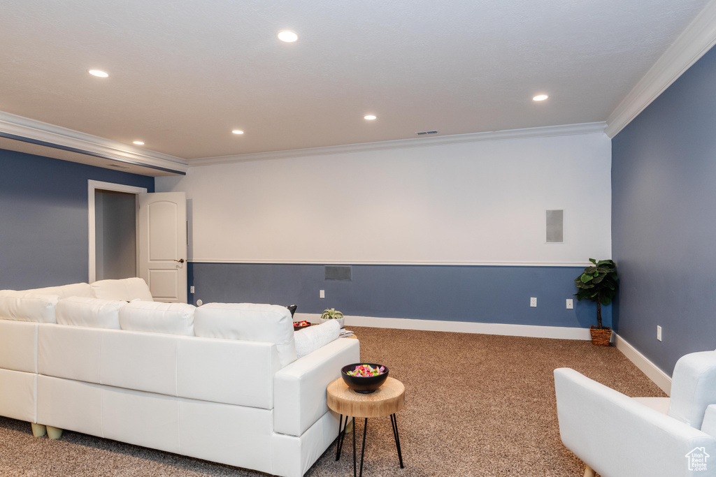 Home theater with crown molding and carpet