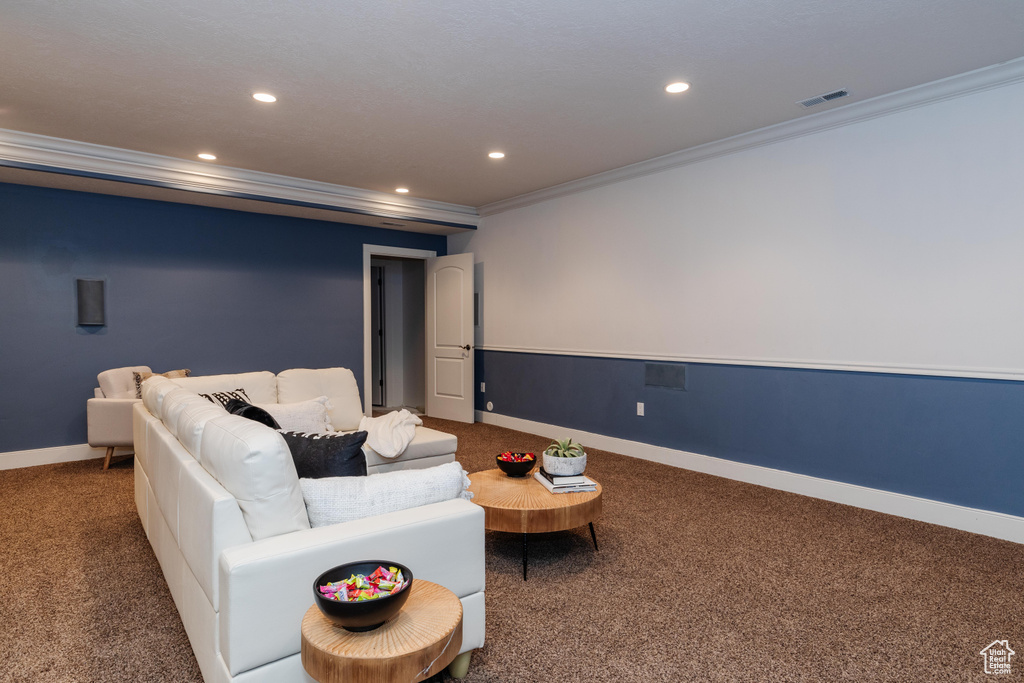 Cinema room featuring carpet floors and ornamental molding