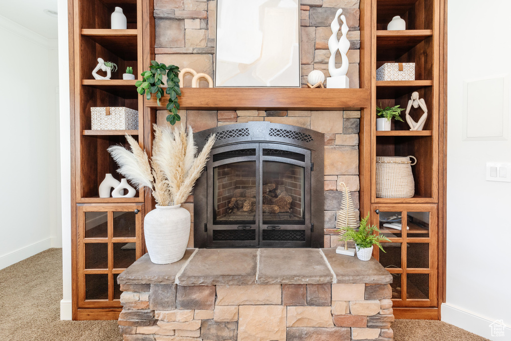 Interior details featuring a fireplace and carpet flooring